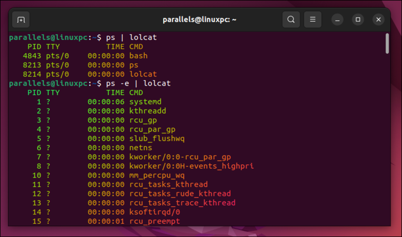 The ps command in Linux piped to the lolcat command, providing an output that is multicolored.