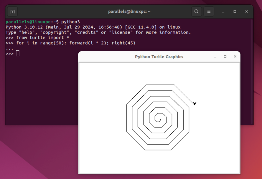 Using the Turtle library in Python and using it to draw a spiral effect using turtle graphics.