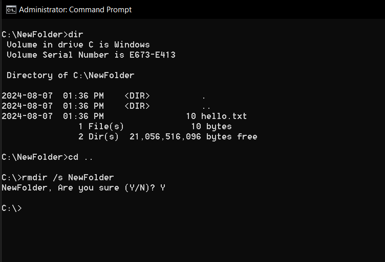 Using the rmdir command in Windows to remove a directory and its contents.