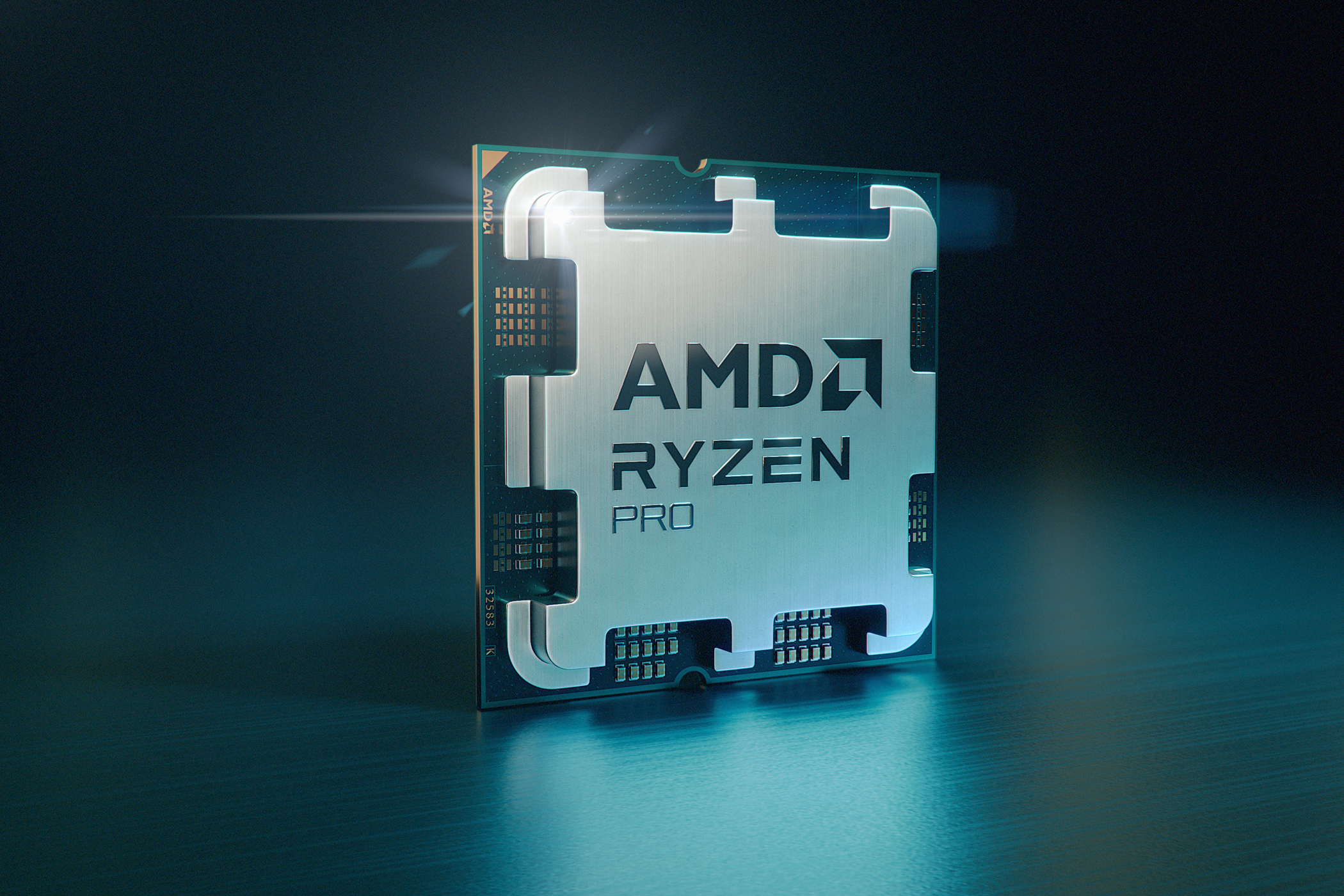 An artistic representation of an AMD Ryzen PRO processor sitting upright on a table with a blue filter over the entire image.