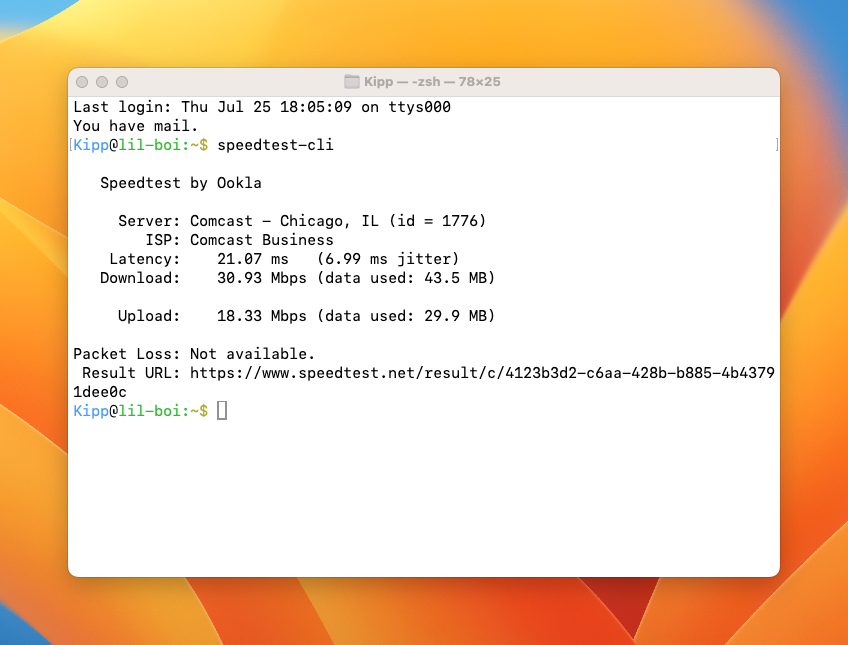 Running speedtest cli in macOS Terminal.