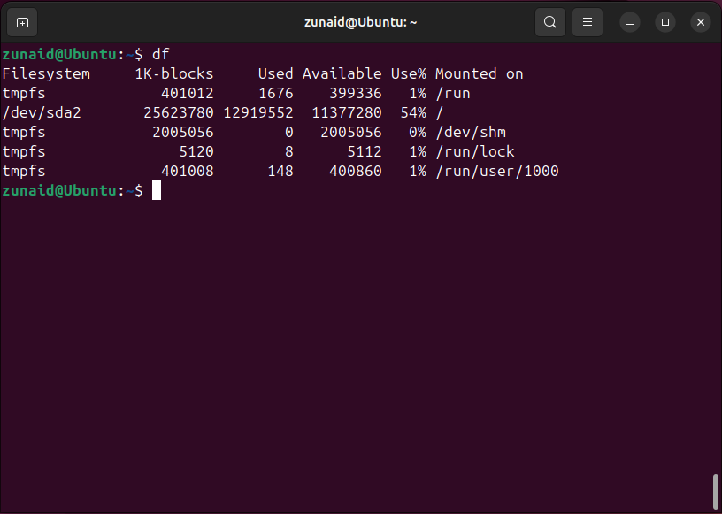 Running the df command on Linux to get an overview of disk usage.