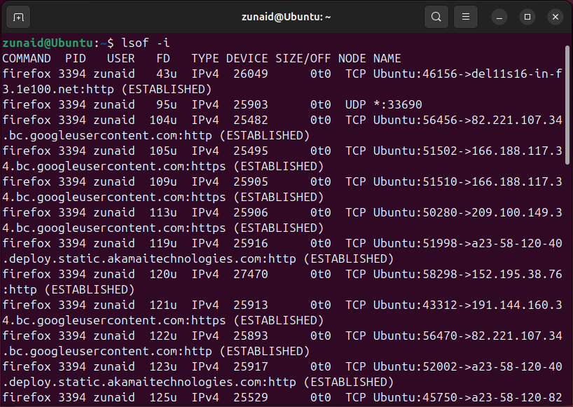 Running the 'lsof -i' command on Linux to diagnose network files.