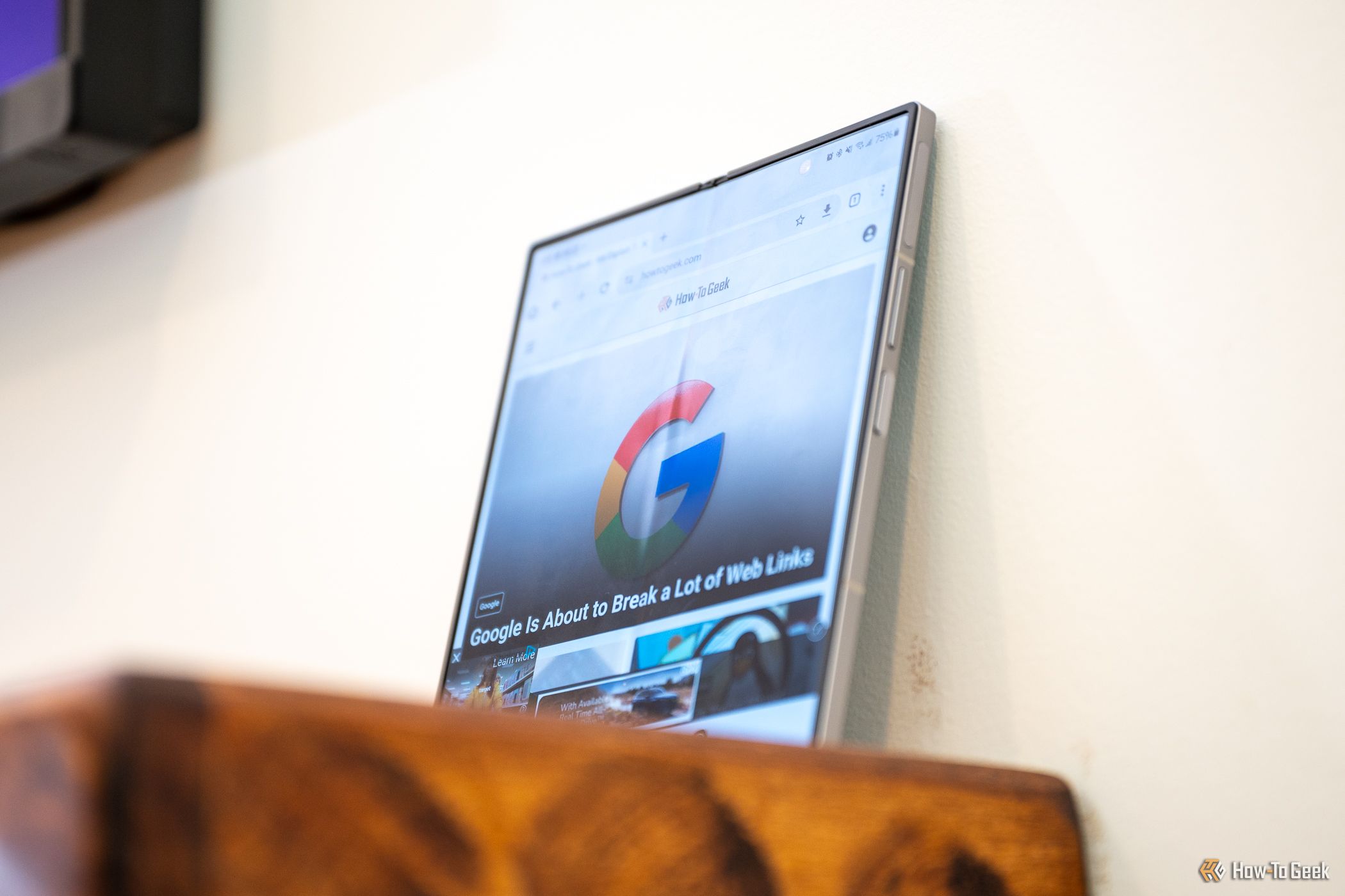 Samsung Galaxy Z Fold 6 unfolded and propped up against a wall