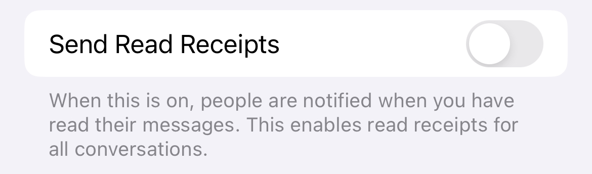 The message read receipts toggle in Messages settings on an iPhone.