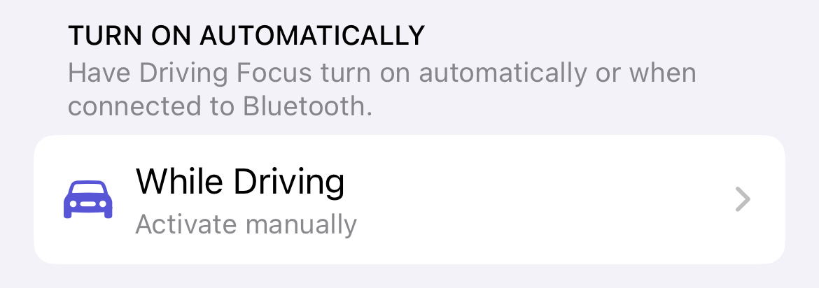 The toggle for enabling the Driving focus automatically in iPhone Focus settings.