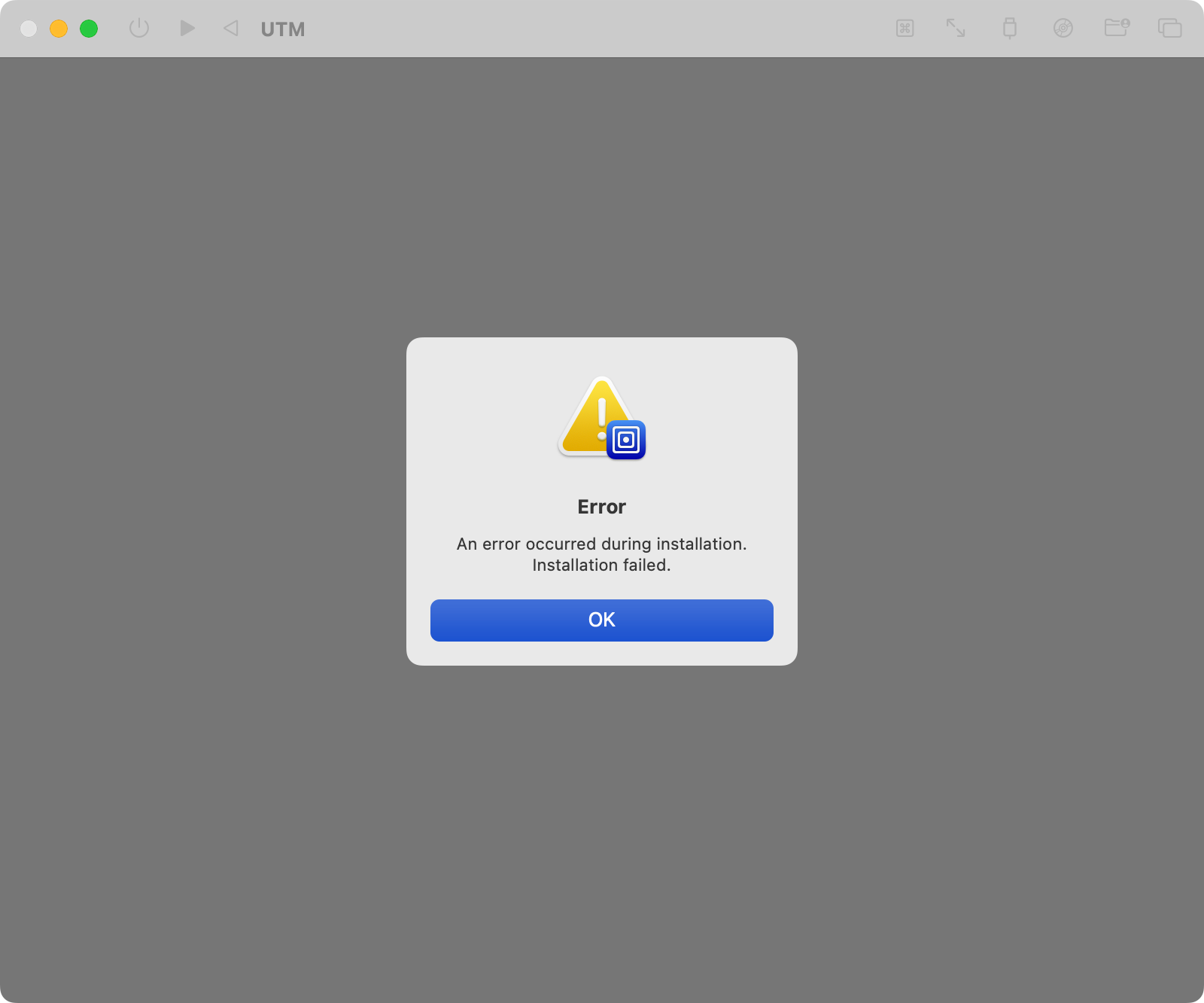 An unhelpful error message in UTM for Mac.