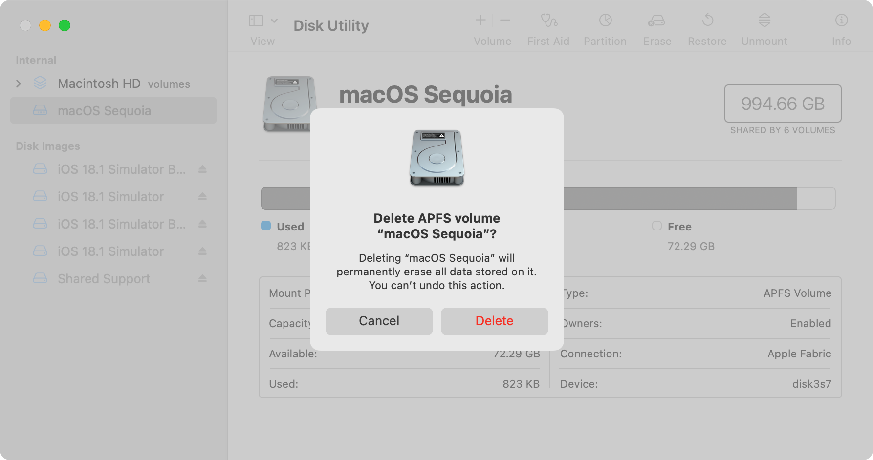 Deleting a macOS 15 volume.