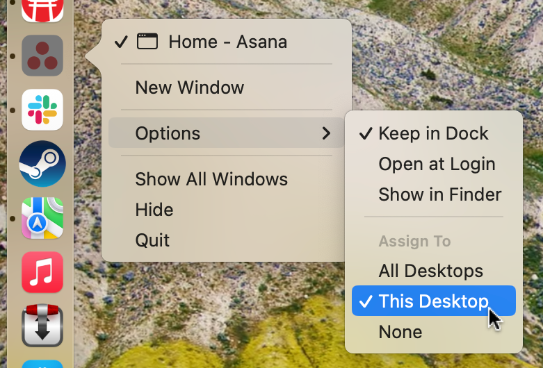 Assigning an app to a specific desktop in macOS Sonoma.