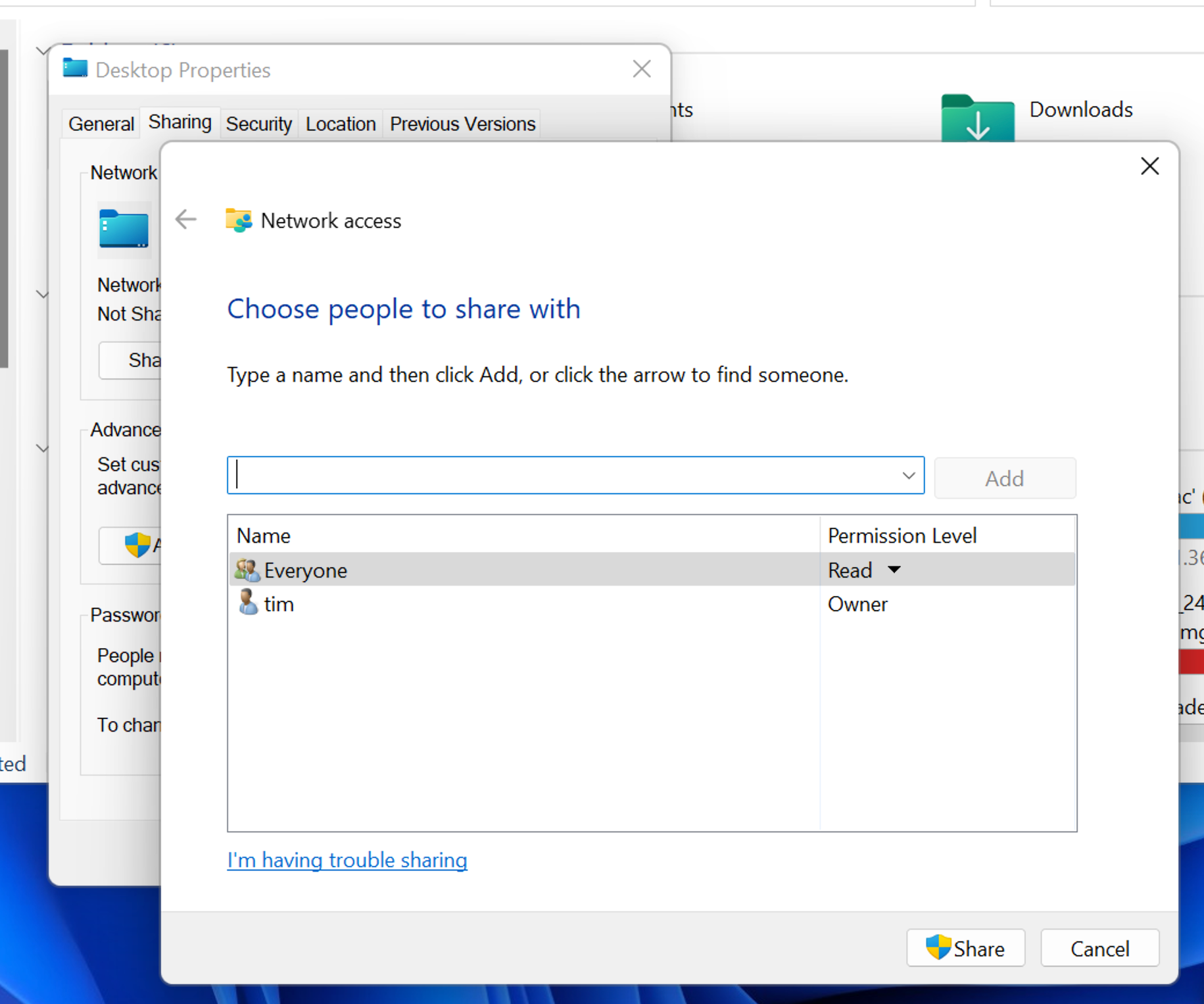 Creating a new network share in Windows 11.