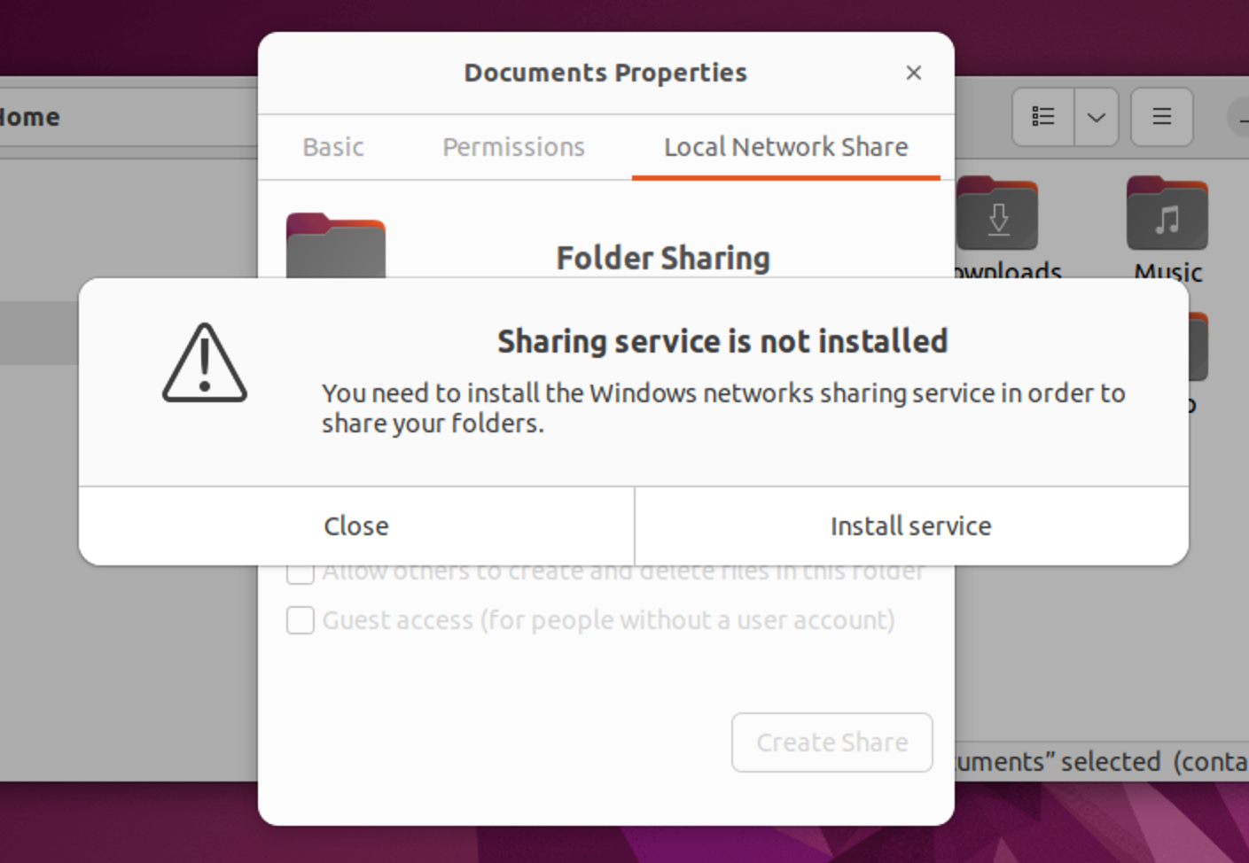 Prompt to install Windows SMB network sharing services in Ubuntu.