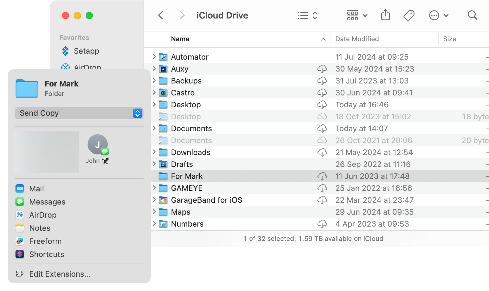 Sharing a file over iCloud Drive from macOS Finder.