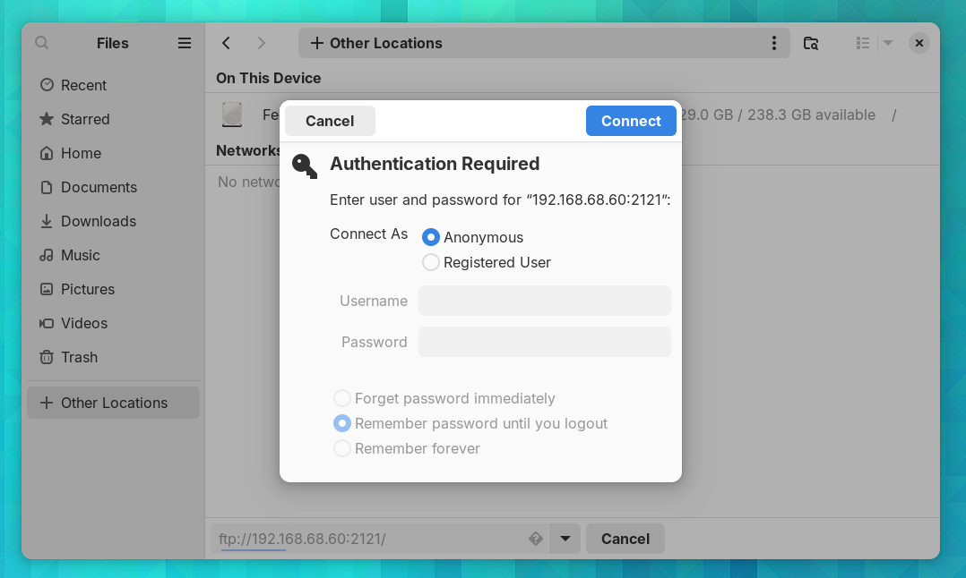 Prompt for FTP username and password in GNOME Files.