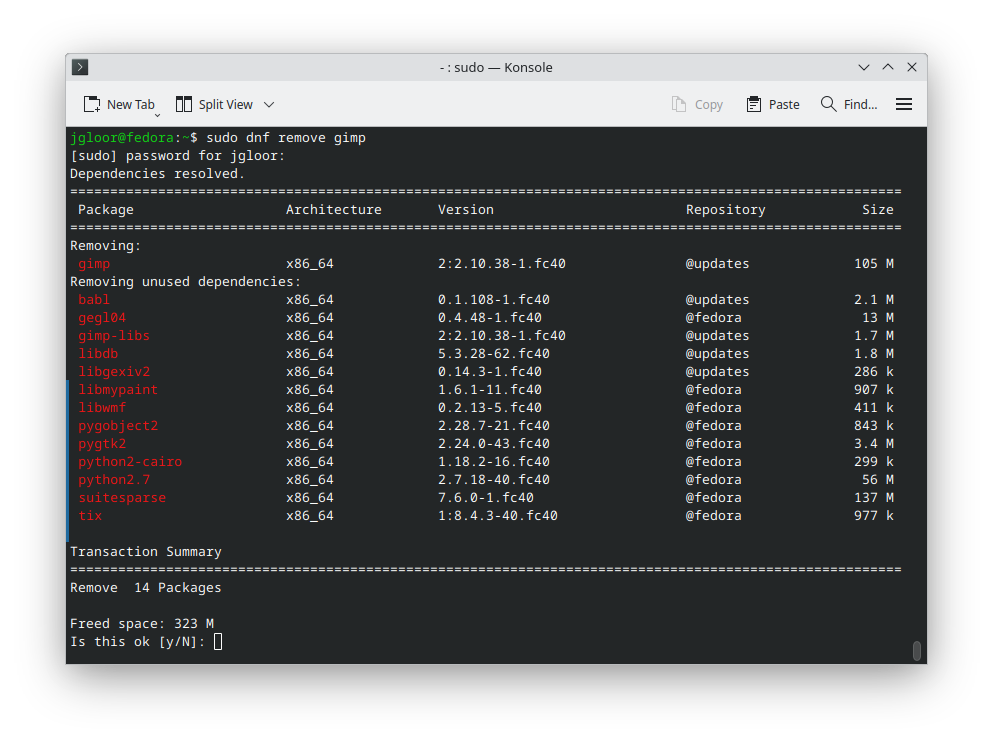 The DNF command to remove the GIMP package.