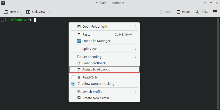 Konsole menu options with the 'Adjust Scrollback' option highlighted in red.