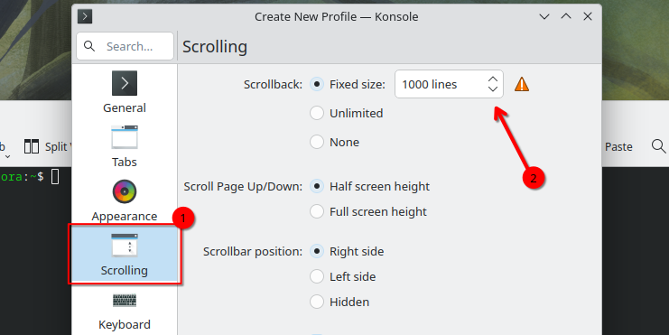 Konsole profile editor with the Scrolling tab highlighted in the left-hand menu and the scrollback size limit box highlighted on the right.