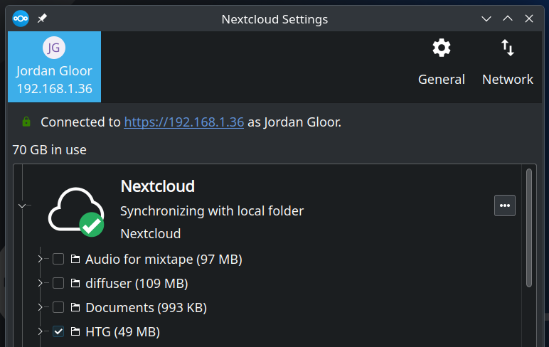 Nextcloud desktop syncing settings dialog.