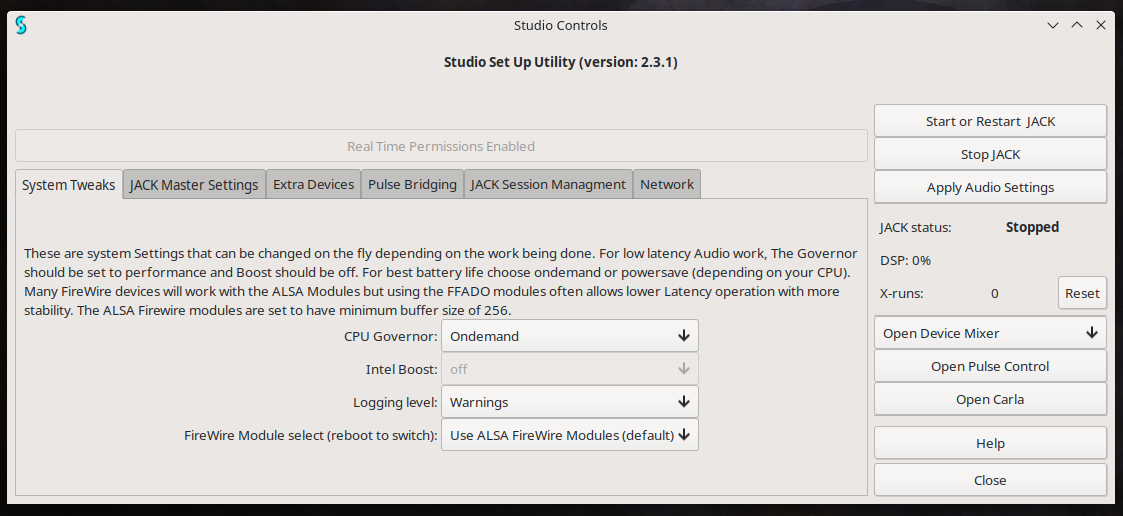 The Ubuntu Studio Audio Configuration app window showing various controls and settings.