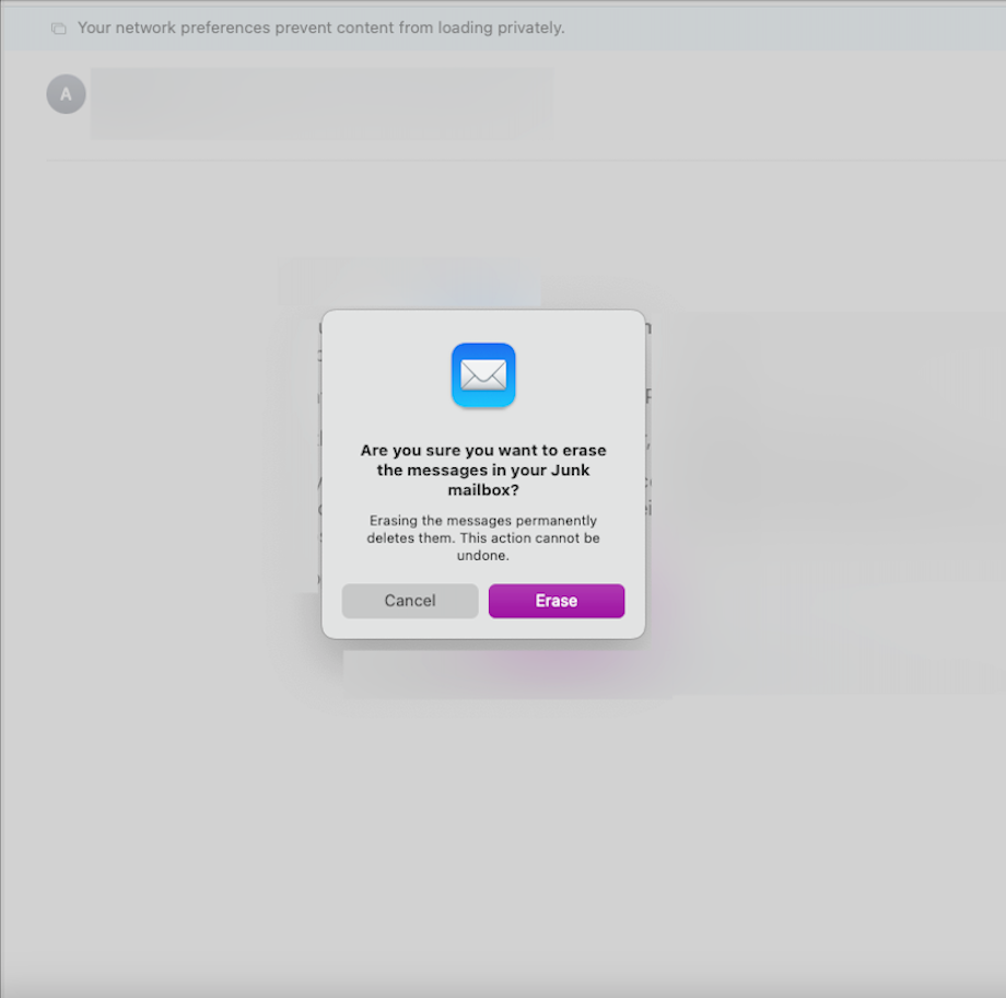 Pop up message in Apple Mail confirming user wants to permanently delete all items in Junk folder.