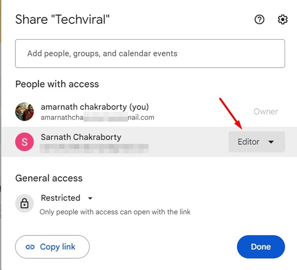 drop-down arrow next to the contact or email address