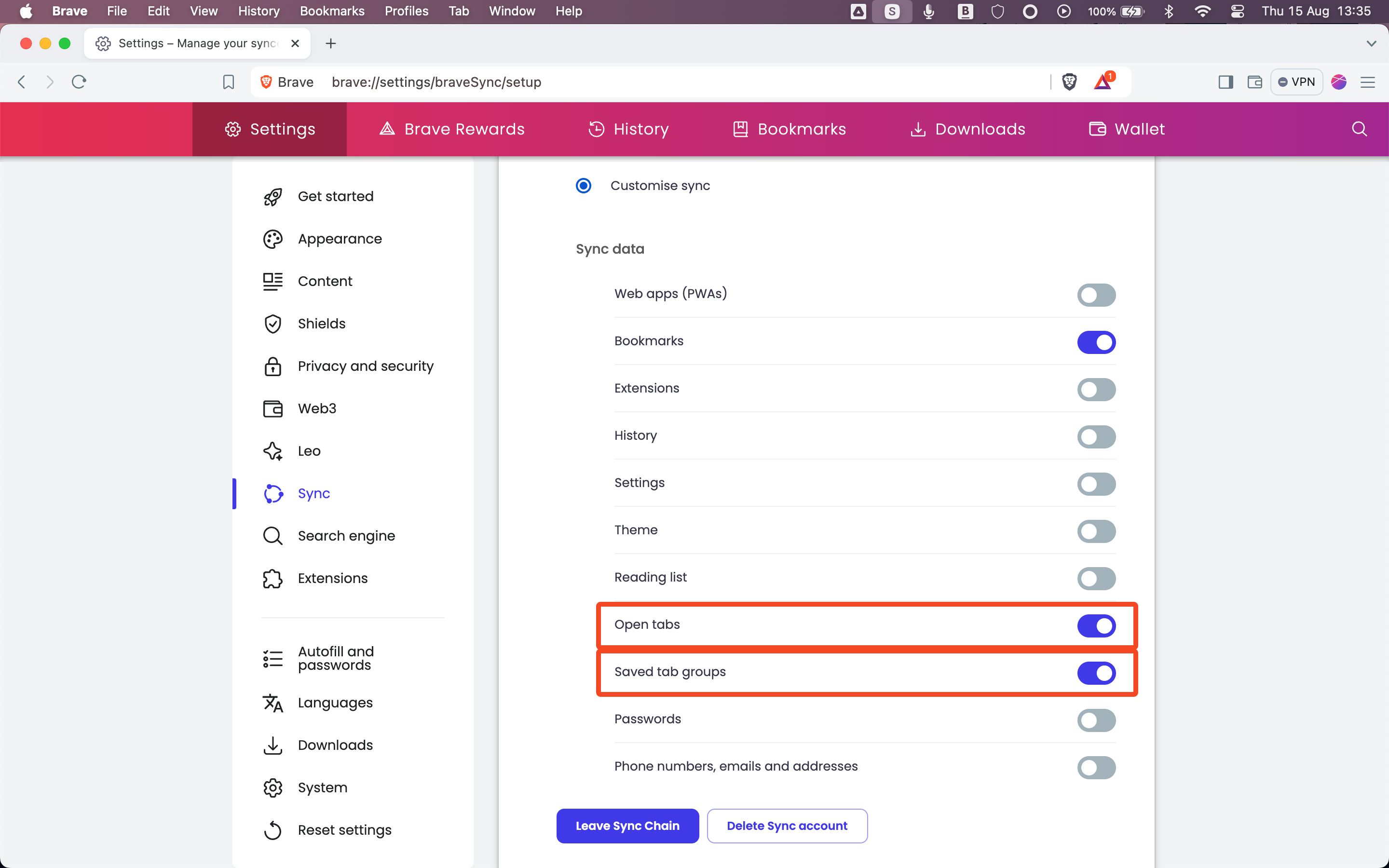 Set up tab syncing in Brave Browser.