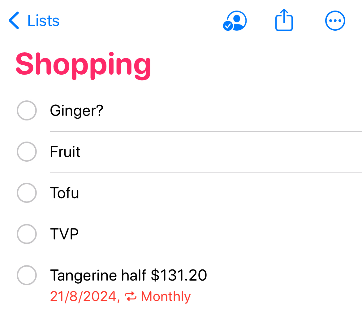 My shared Apple Reminders shopping list.