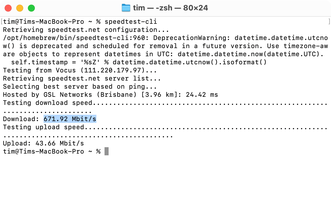 Speedtest CLI running in Terminal on macOS.