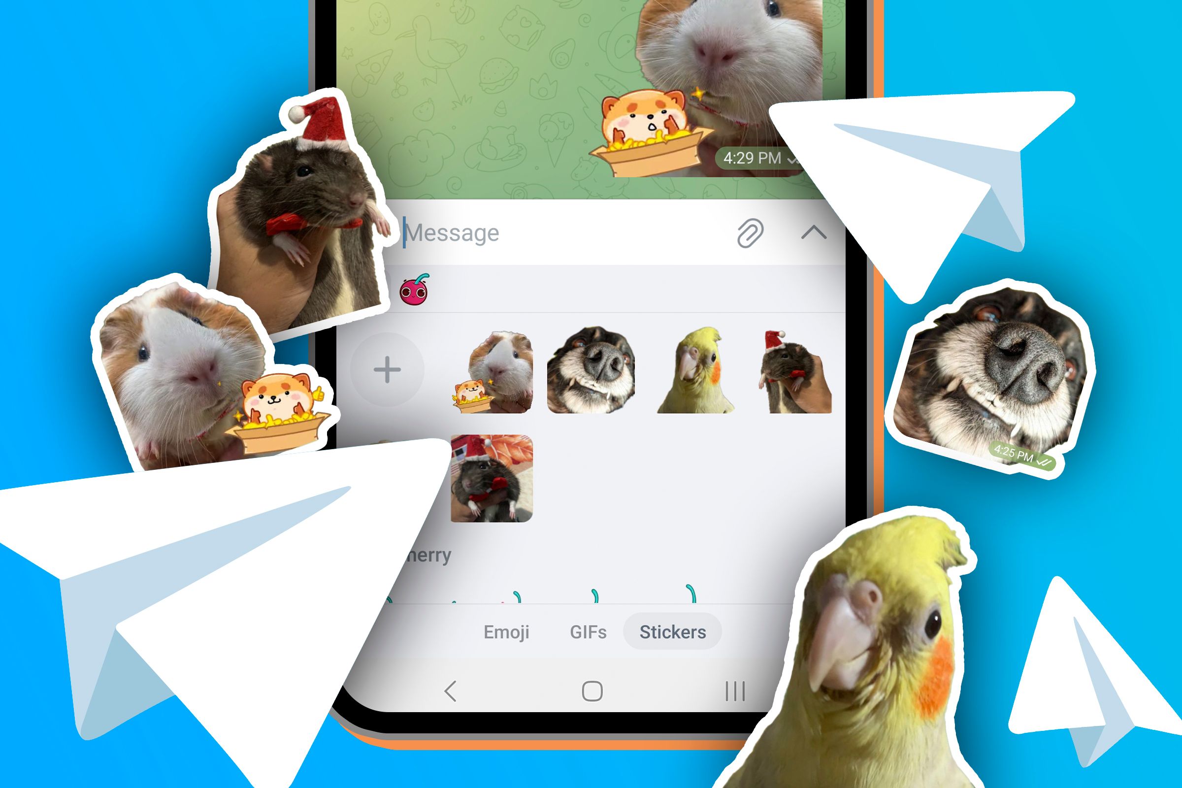 Telegram with some stickers on the screen of a phone.