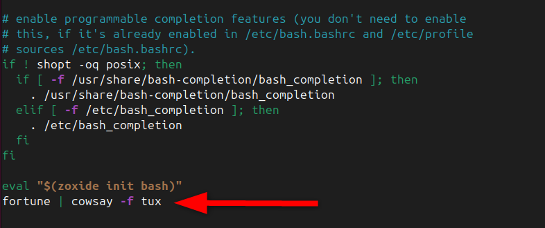 Adding new fortune command with tux ASCII art to the end of bashrc file.