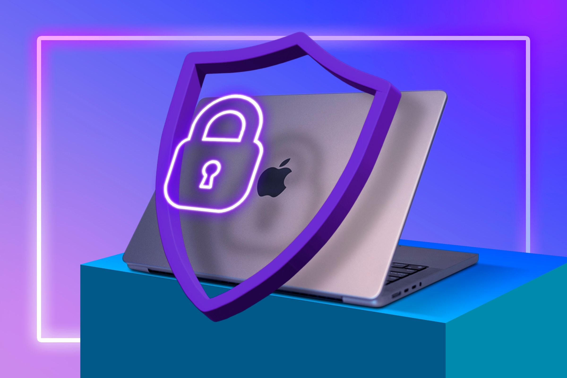 The back of a MacBook with a shield and a padlock.