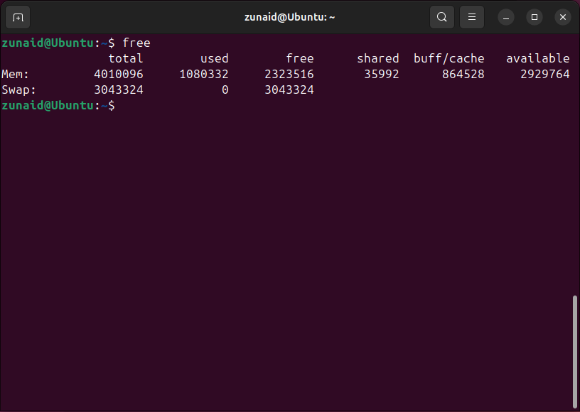 The free command displaying RAM usage of a Linux system.