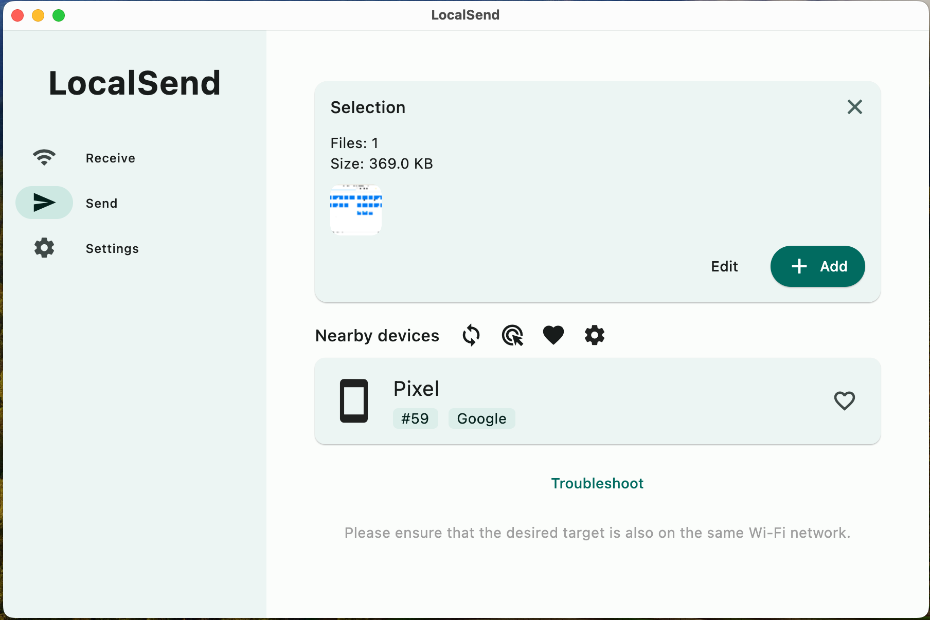 The LocalSend app on Mac connected to a Pixel.