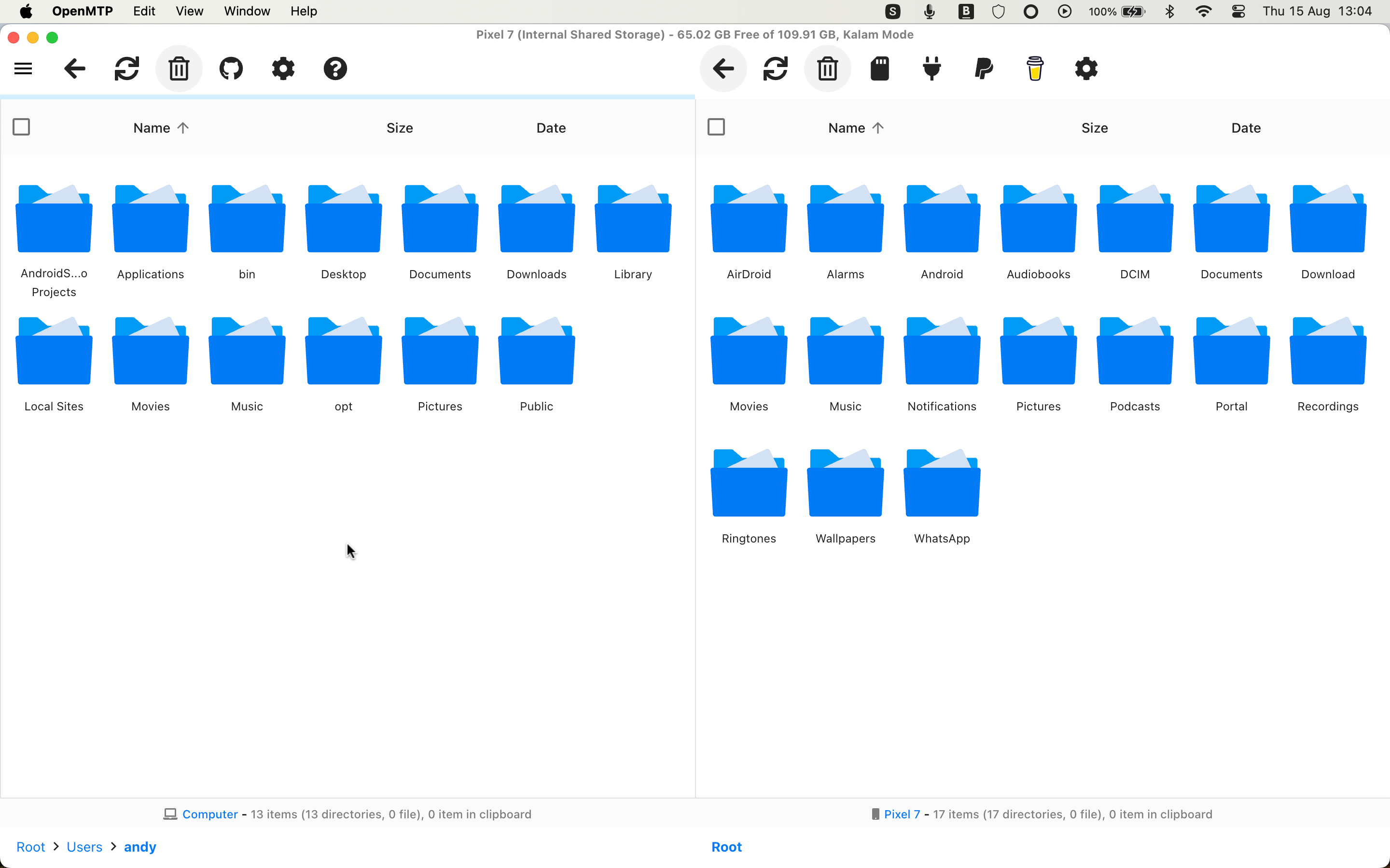 The OpenMTP app showing the Mac and Android drives.