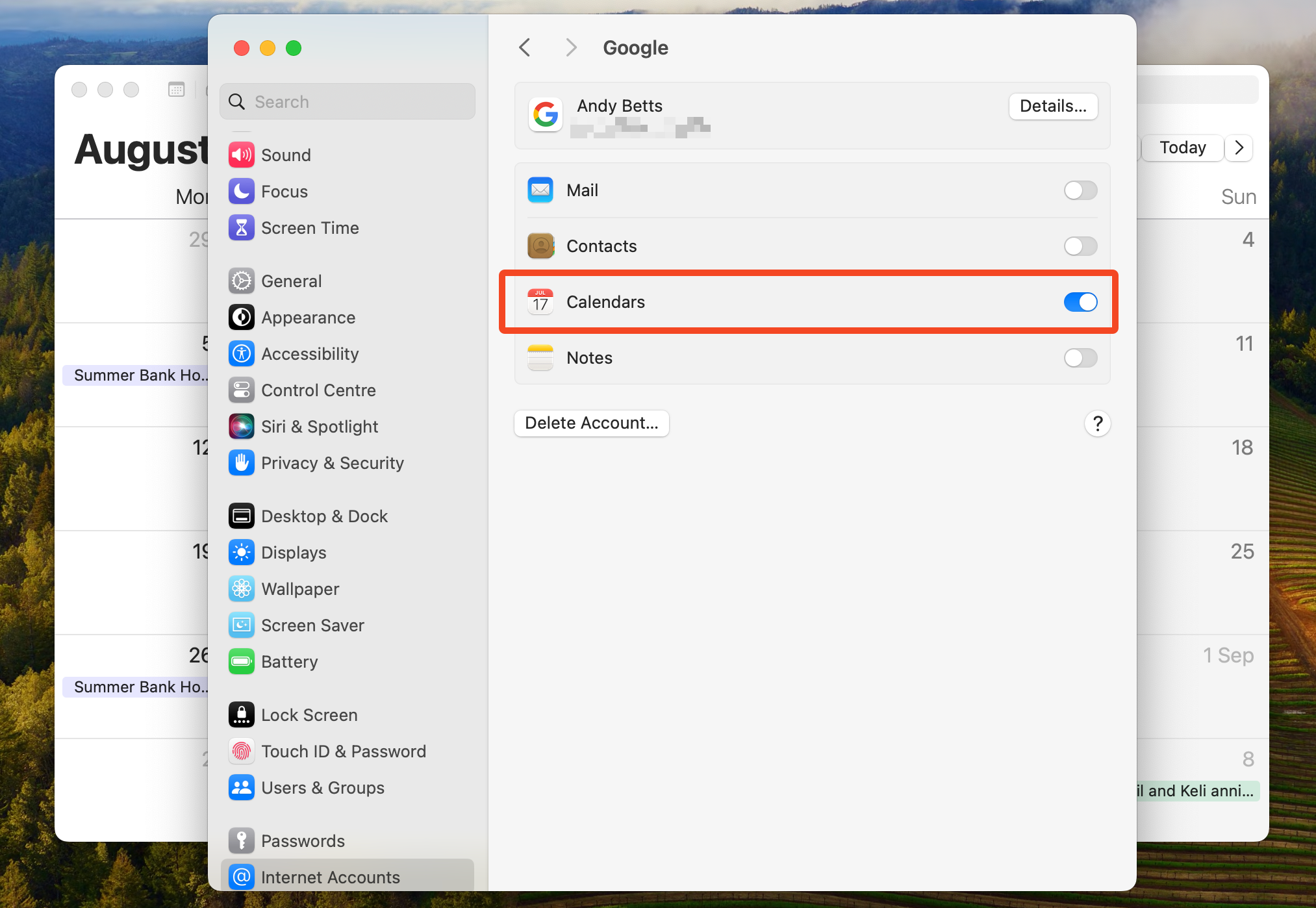 The setting to sync Google Calendar with the Mac Calendar app.