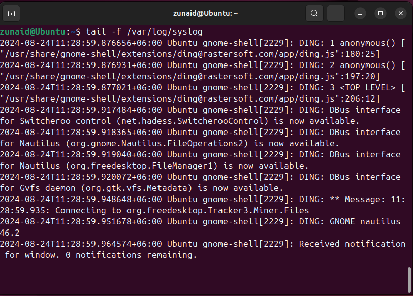 The tail command is continuously monitoring a log file on Linux.