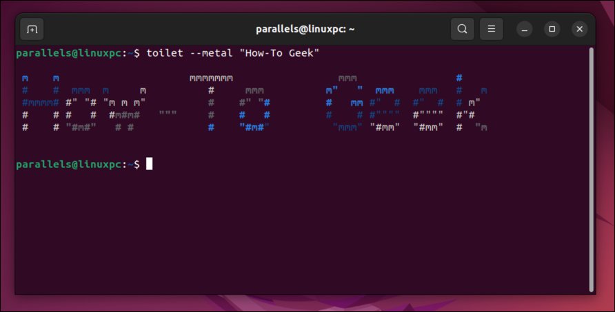 The toilet command in Linux, showing ASCII text with the message How-To Geek.