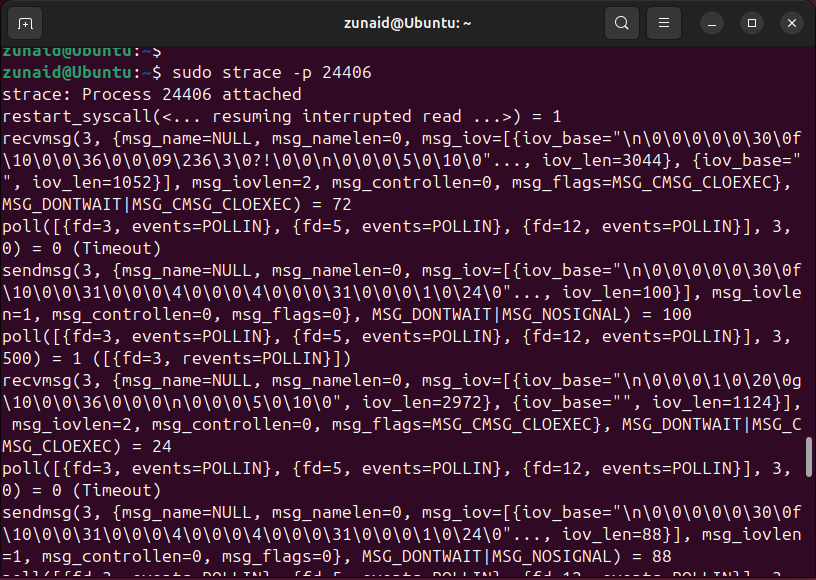 Tracing a process using its process ID with the strace command on Linux.