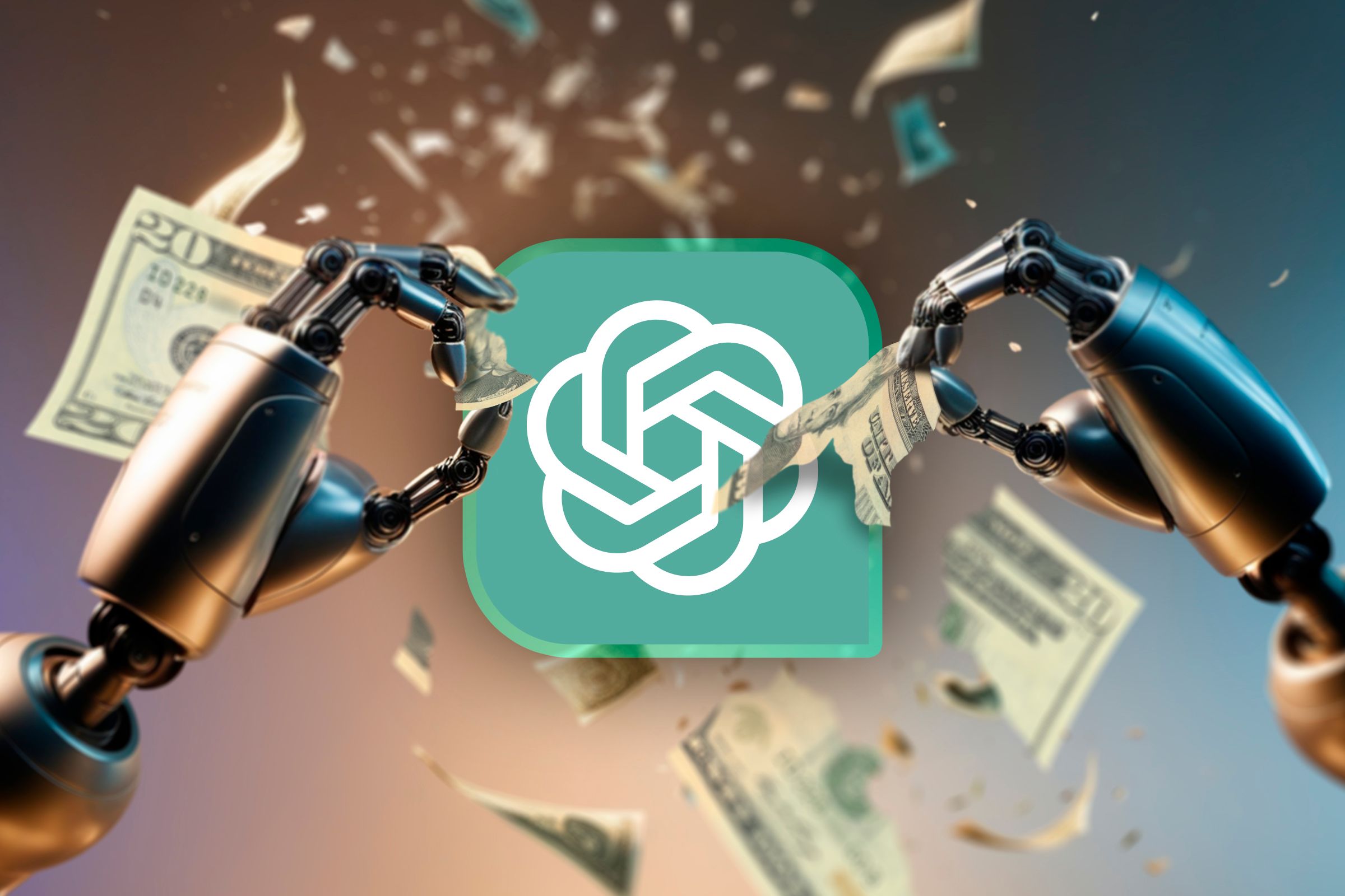 Two robotic hands tearing a dollar bill with the ChatGPT logo in the center.