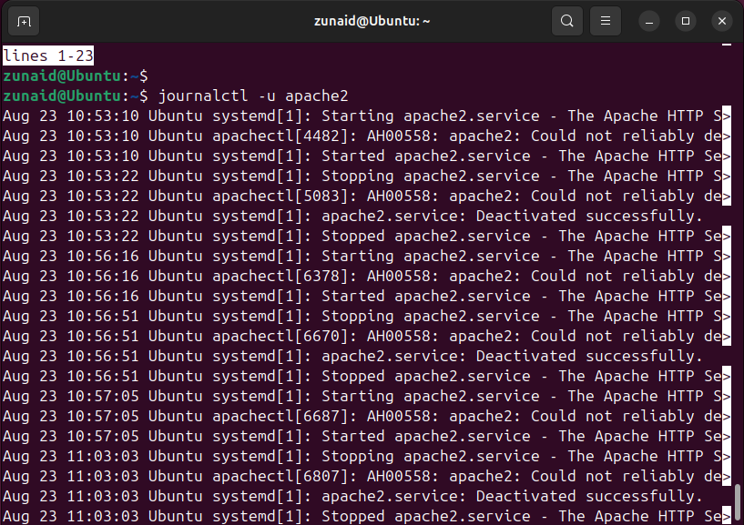 Using journalctl to display logs of a single service on Linux.