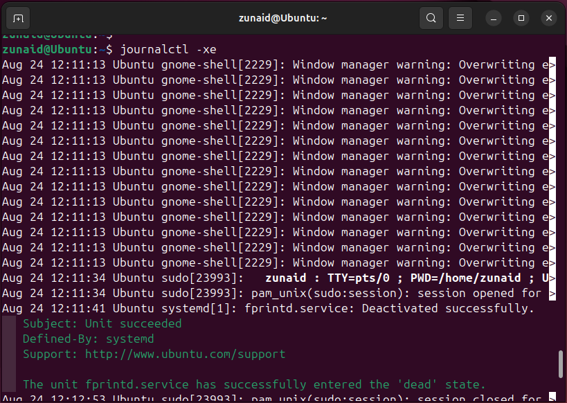 Using journalctl to display most recent systemd logs with full details on Linux.