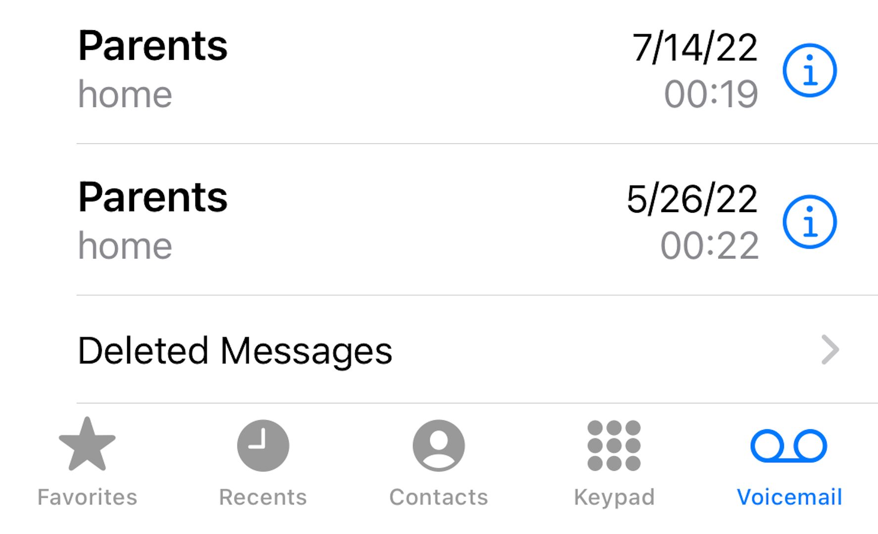 Deleted Messages option in the Phone app's Voicemail tab.