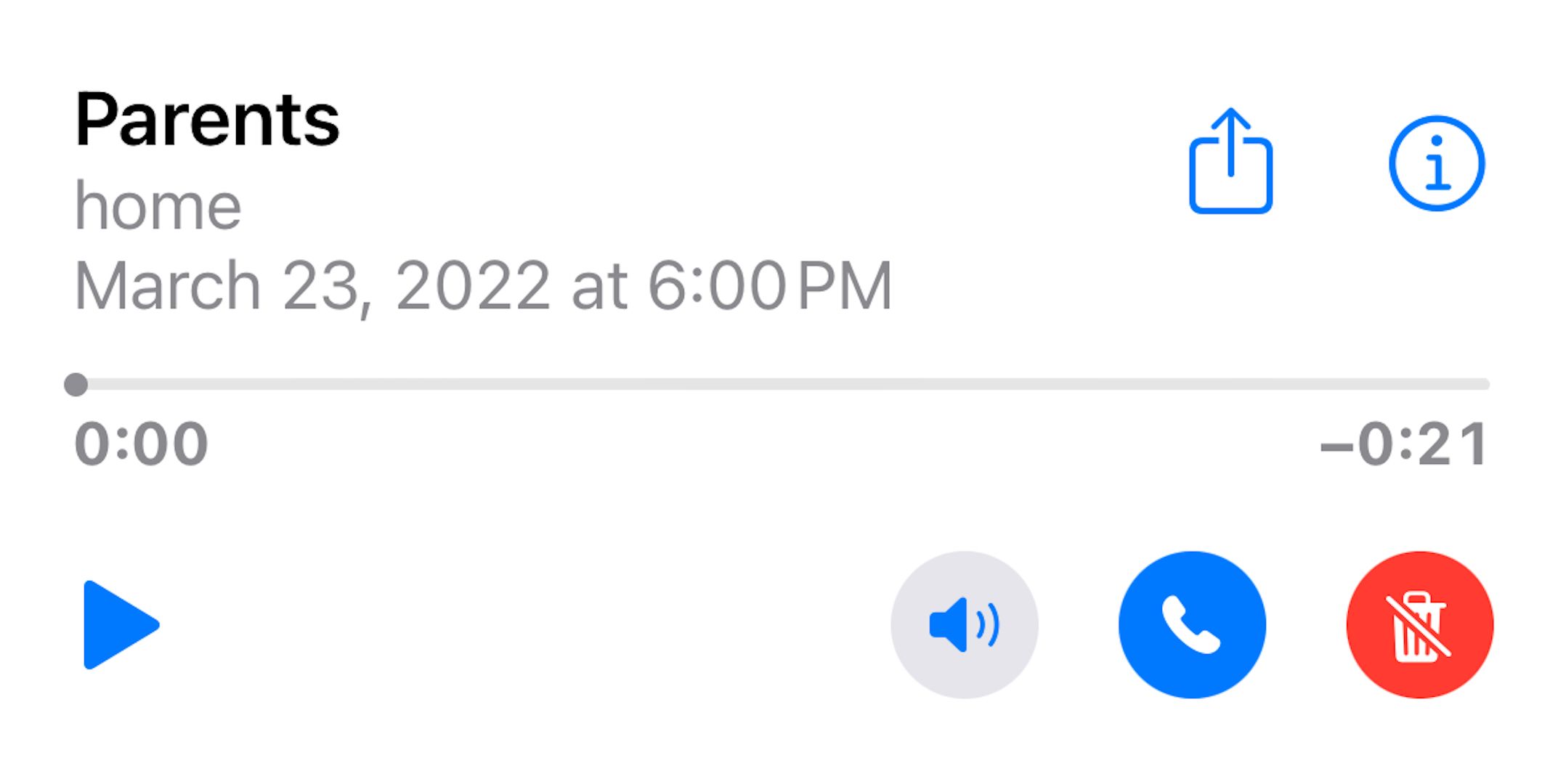 Deleted voicemail screen with changed Trash icon.