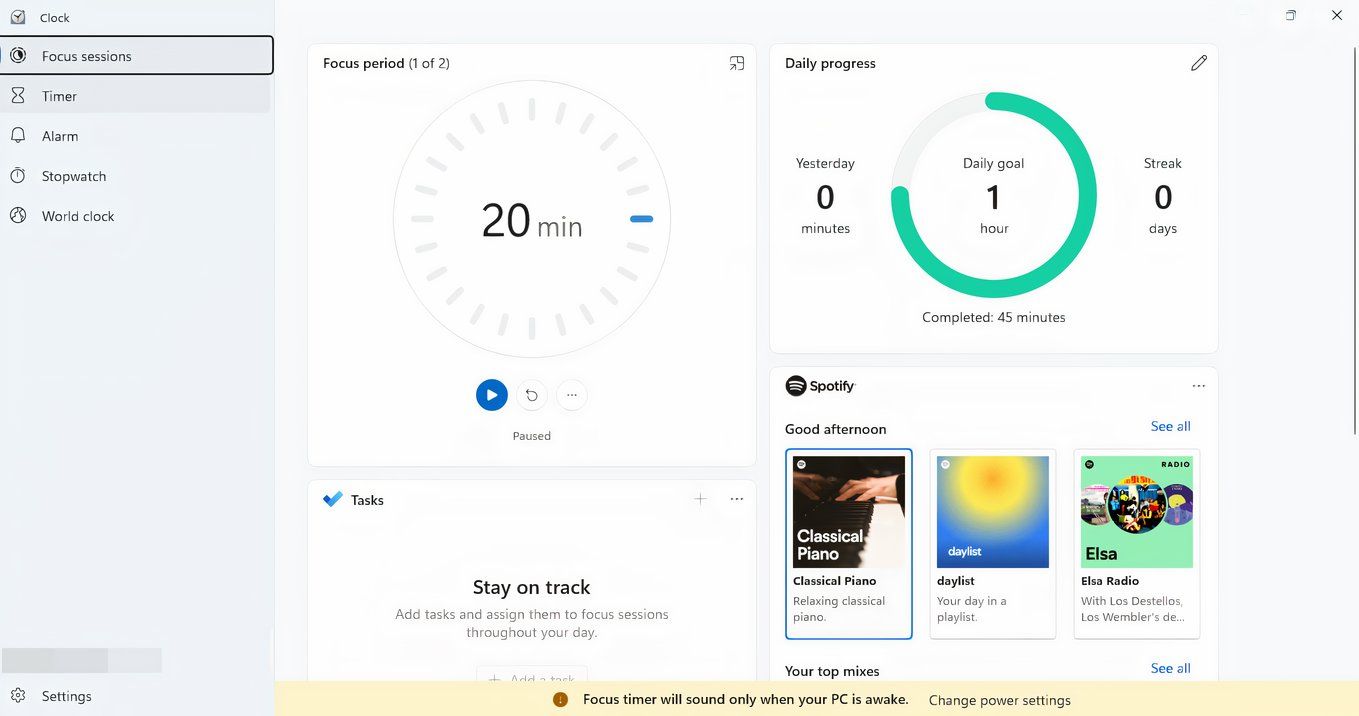 Windows 11 Focus Assist Window showing time left on the session, how many sessions were completed, and other details