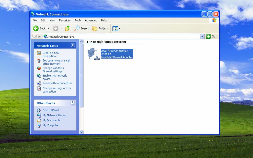 A disabled ethernet adapter shown on a Windows XP machine