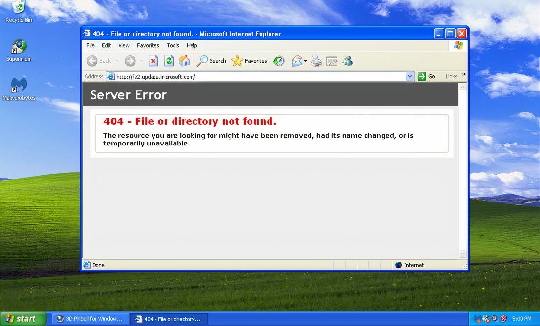 Windows Update in Windows XP now leads to a missing page on the Microsoft website with a 404 error.