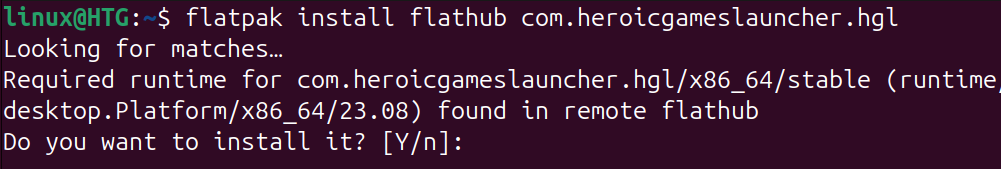 Linux terminal with Flatpak command to install Heroic launcher.