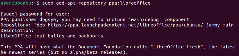 Linux terminal displaying the addition of LibreOffice PPA to Ubuntu.
