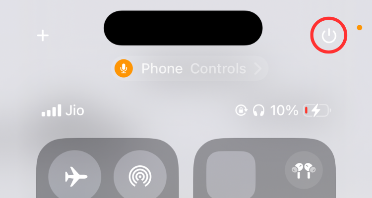 Screengrab of the Control Center in iOS 18 highlighting the power button.