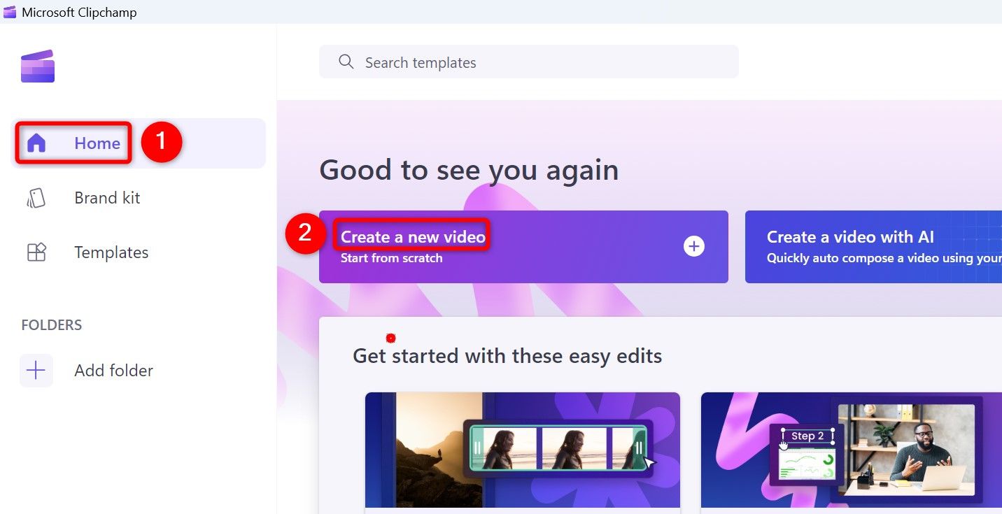 'Home' and 'Create a New Video' highlighted in ClipChamp.