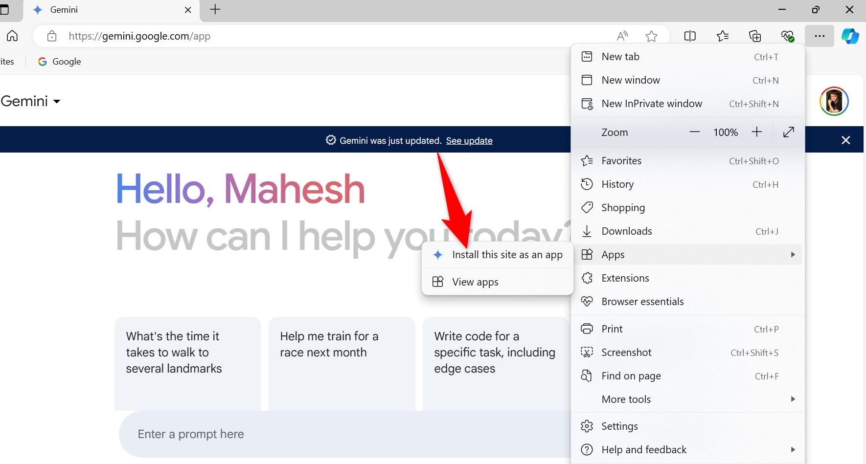 'Install This Site as an App' highlighted for Gemini in Edge.